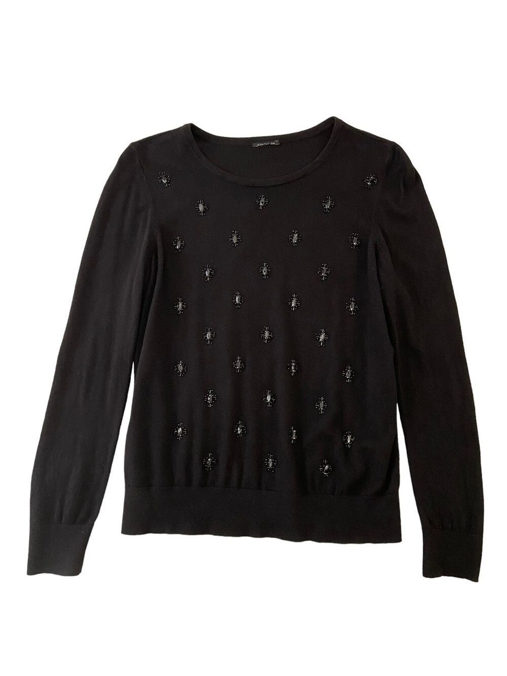 Ann Taylor Black Beaded Knit Sweater Long Sleeve Scoop Neck Medium Classic